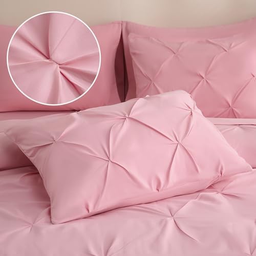 DOWNCOOL Queen Comforter Set, 7 Pieces Pink Pintuck Bed in a Bag