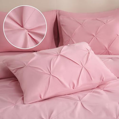 DOWNCOOL Queen Comforter Set, 7 Pieces Pink Pintuck Bed in a Bag