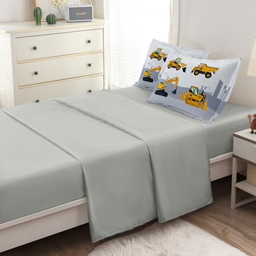 4-Pcs Engineering Vehicle Twin Size Bedding Set for Kids Boys, Grey