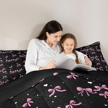 jejeloiu Pink Bow Comforter Set Queen Size Bowknot Bedding Set for Kids Boys Girls Butterfly Bowknot Duvet Quilt Bow-tie Bedroom Decor Microfiber 3 Pcs with 2 Pillow Cases