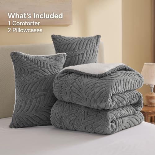 BEDELITE Fluffy Sherpa Twin Comforter Set,Leaf-Grey