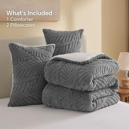 BEDELITE Fluffy Sherpa Twin Comforter Set,Leaf-Grey