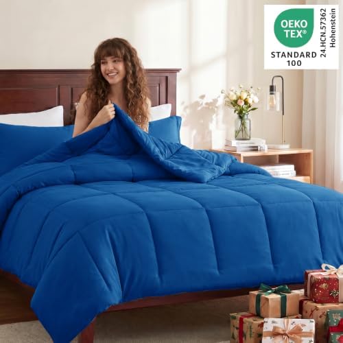CozyLux Oversized Queen Comforter Set, 3-Piece Box-Stitched, Classic Blue
