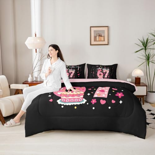 Erosebridal Kids 67 Number Print Twin Comforter Set 7 Piece Cute Pink Kawaii Bedding Set for Girls Princess Bedroom Decor,Girly Trendy Six Seven Bed in A Bag Love Heart Bow Bed Set,Pink Black