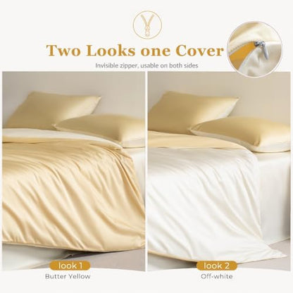 Full Size Duvet Cover, 100% Egyptian Cotton,1600 Thread Count, Reversible Duvet Cover, Soft and Breathable Satin Bedding Set, All Seasons (Heathered Butter Yellow, 80"x90")