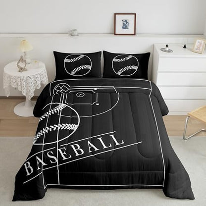 Baseball Bedding Full for Boys Kids Sports Comforter Set, Baseball Field Down Comforter Black and White Bedding Comforter Sets, Ball Game Gaming Gamer Duvet Insert 3pcs (1 Comforter + 2 Pillowcase)