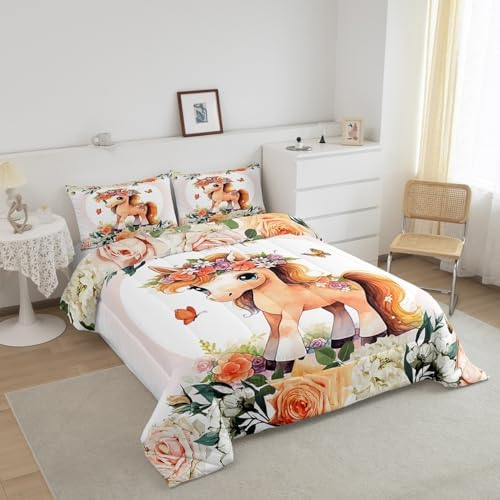 Feelyou Cute Horse Comforter Set King Size Kids Cartoon Animal Comforter for Boys Girls Teens Flower Floral Print Bedding Set Farm Zoo Garden Theme Duvet Set Room Decor Quilt Set