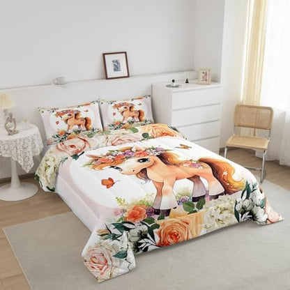 Feelyou Cute Horse Comforter Set King Size Kids Cartoon Animal Comforter for Boys Girls Teens Flower Floral Print Bedding Set Farm Zoo Garden Theme Duvet Set Room Decor Quilt Set