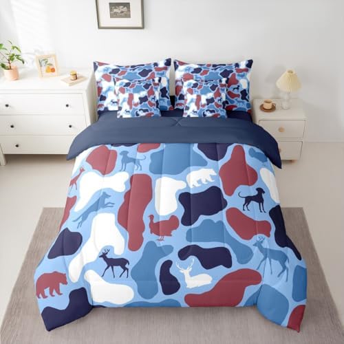 Erosebridal Camo 7 Piece Bedding Set Full Deer Hound Comforter Set with Sheets Wolf Bear Theme Camouflage Bed in a Bag Turkey Red Blue Woods Retro for Kids Boys Girls