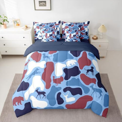 Erosebridal Camo 7 Piece Bedding Set Full Deer Hound Comforter Set with Sheets Wolf Bear Theme Camouflage Bed in a Bag Turkey Red Blue Woods Retro for Kids Boys Girls