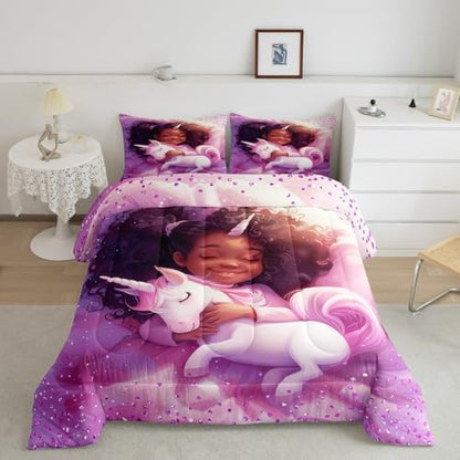 Black Cartoon Girl Comforter Set Queen Size,Cute Unicorn Castle Princess Bedding Set,Girls Women Room Decor,Girls African Glitter Sequins Down Comforter,Purple Romantic Duvet Insert,2 Pillowcases