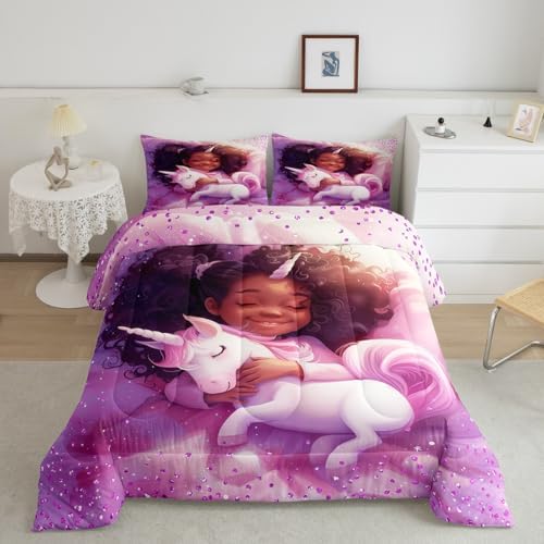 Black Cartoon Girl Comforter Set King Size,Cute Unicorn Castle Princess Bedding Set,Girls Women Room Decor,Girls African Glitter Sequins Down Comforter,Purple Romantic Duvet Insert,2 Pillowcases