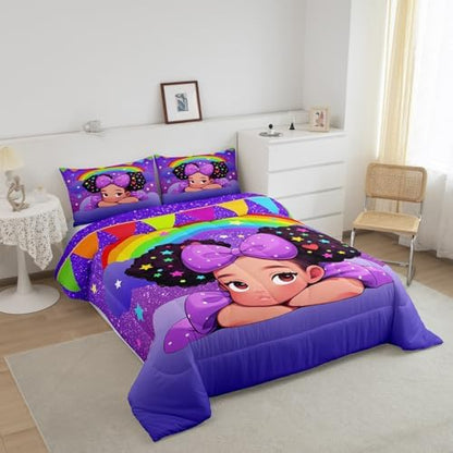 Black Princess Girl Comforter Set Full Size,African Theme American Kids Teens Bedding Set Glitter Starry Sky Rainbow Purple Quilted Duvet Cute Bedroom Decor Pretty Girl Magical Bedspread,2 Pillowcases