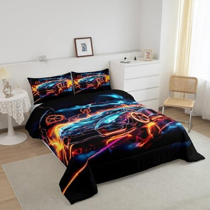 Erosebridal Blue Red Racing Car 3 Piece Bedding Set King Size Extreme Sport Comforter Set with 2 Pillowcases for Kids Boys Girls Teens Fast Extreme Sport Games Bed Set Soft for All Season