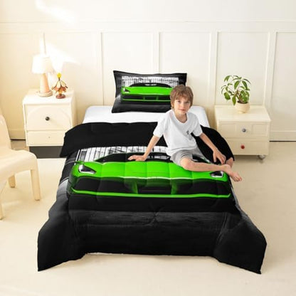 Feelyou Boys Green Race Car Comforter Set Twin Size Green Luxury Car Bedding Set for Kids Boys Girls Extreme Sports Duvet Quilt Fast and Furious Bedroom Decor 2 Pcs with 1 Pillow Cases