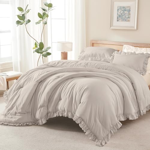 Andency Linen Queen Comforter Set, 3 Pieces Farmhouse Shabby Chic Bedding
