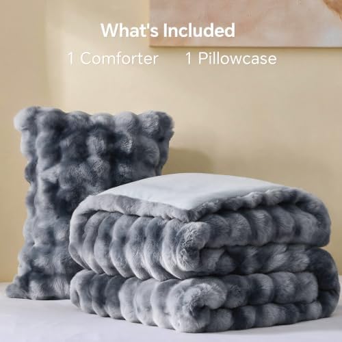 BEDELITE Tie Dye Faux Fur Comforter Set Twin,Thick Winter Comforter,Grey