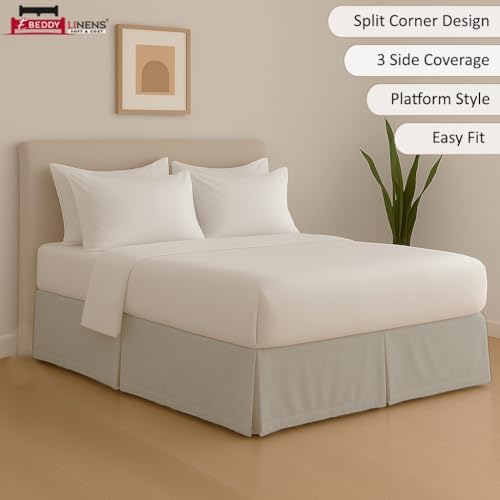 eBeddy Linens Split Corner Bed Skirt Queen 14 Inch Drop – 100% Microfiber, – Platform Style, Silver Grey Solid, 3-Sided Pleated, Tailored Fit, Hidden Storage, Hotel Luxury, Washable