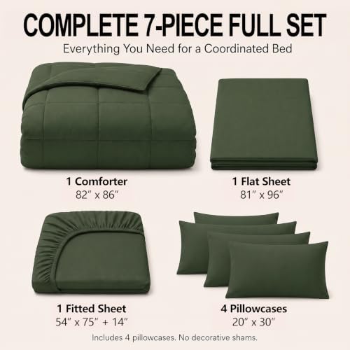 CozyLux Full Size Comforter Sets Olive Green - 7 Pieces Bed in a Bag