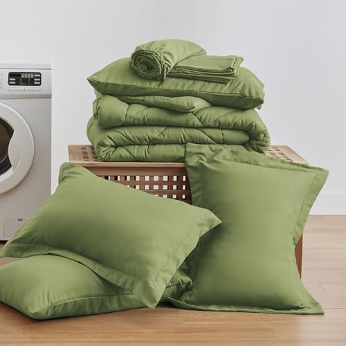 Love's cabin Queen Comforter Set Olive Green, 7 Pieces Queen Bed in a Bag, All Season Bedding Sets with 1 Comforter, 1 Flat Sheet, 1 Fitted Sheet, 2 Pillowcase and 2 Pillow Sham
