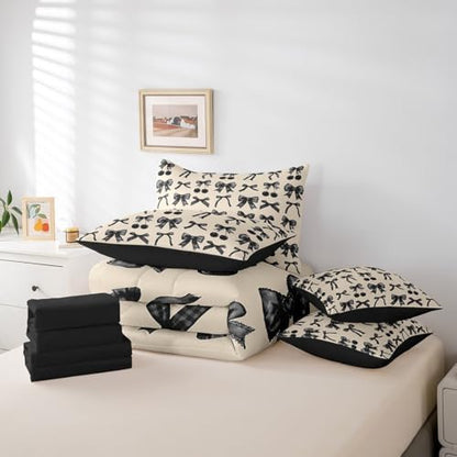 Erosebridal Black Cherry Bow Full Size Bed Sheets and Comforter Set Cute Silk Ribbon Bowknot 7 Piece Bedding Set, Princess Bow Tie Dreamy Kawaii Bed in a Bag, Princess Room Decor Aesthetic