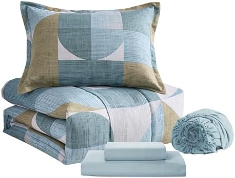 Geometric Comforter Set Twin Size with Sheets Bed in a Bag – Deep Pocket Fitted Sheet with Elastic Corners, Cozy Comforter, Pillowcases & Shams – Soft Microfiber All Season Bedding – Machine Washable