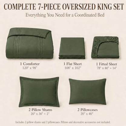 CozyLux Oversized King Comforter Set Olive Green- 7 Pieces Bed in a Bag