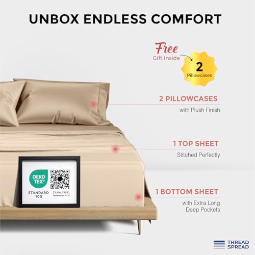 THREAD SPREAD 100% Egyptian Cotton Queen Sheets Set - 1200 Series Plush Collection Luxury Egyptian Cotton Sheets Queen Size Deep Pocket (4 PC, Taupe), Soft, Cooling, Sateen Weave Sheet Set