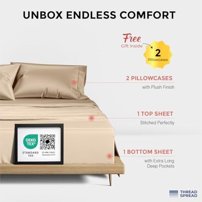 THREAD SPREAD 100% Egyptian Cotton Queen Sheets Set - 1200 Series Plush Collection Luxury Egyptian Cotton Sheets Queen Size Deep Pocket (4 PC, Taupe), Soft, Cooling, Sateen Weave Sheet Set