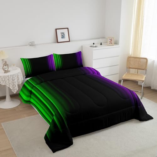 Feelyou Teens Abstract Ombre Decorations Bedding Set for Kids Women Green Purple and Black Comforter Set Geometric Modern Quilt Set Room 3Pcs Queen Size