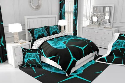 Castle Fairy Video Games 3 Pcs King Size Comforter Set,Geometric Honeycomb Down Alternative Adults Bedroom Decor,Boys Game Ultra Soft Microfiber Inner Fill 3 Pcs Bedding