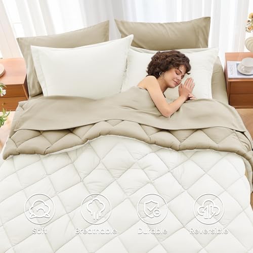 MUXHOMO 7 Pieces California King Comforter Set, Reversible Bed in a Bag Cal King Size, All Season Bedding Set with Comforter, Flat Sheet, Fitted Sheet, Pillowcases & Shams, Ivory & Khaki