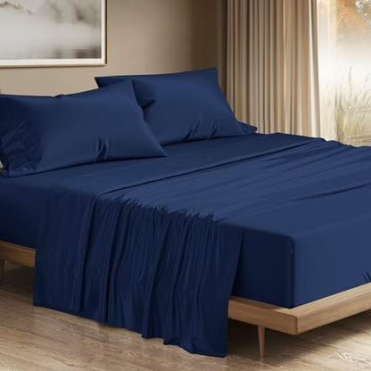 THREAD SPREAD 100% Egyptian Cotton Queen Sheets Set - 1200 Series Plush Collection Luxury Egyptian Cotton Sheets Queen Size Deep Pocket (4 PC, Navy Blue), Soft, Cooling, Sateen Weave Sheet Set