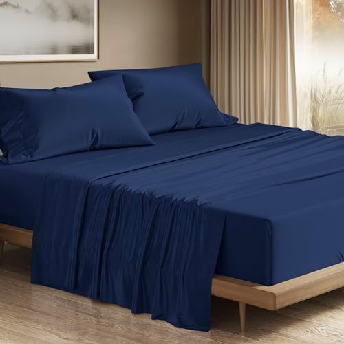 THREAD SPREAD 100% Egyptian Cotton King Size Sheets Set - Luxury 1200 Series Plush Collection Egyptian Cotton Sheets King Size (4 PC, Navy Blue), Silky Soft, Cooling, 17" Deep Pocket Bed Set