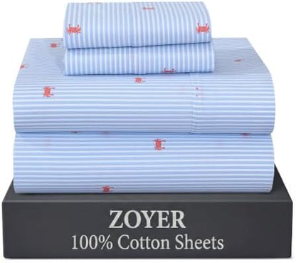 ZOYER 100% Cotton Sheets – Full Size Percale Bedding, Cooling & Breathable, Durable with a Crisp, Soft & Comfortable Feel, 16" Deep Pocket, 4-Piece Set, Crab Stripe