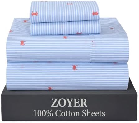 ZOYER 100% Cotton Sheets – Queen Size Percale Bedding, Cooling & Breathable, Durable with a Crisp, Soft & Comfortable Feel, 16" Deep Pocket, 4-Piece Set, Crab Stripe