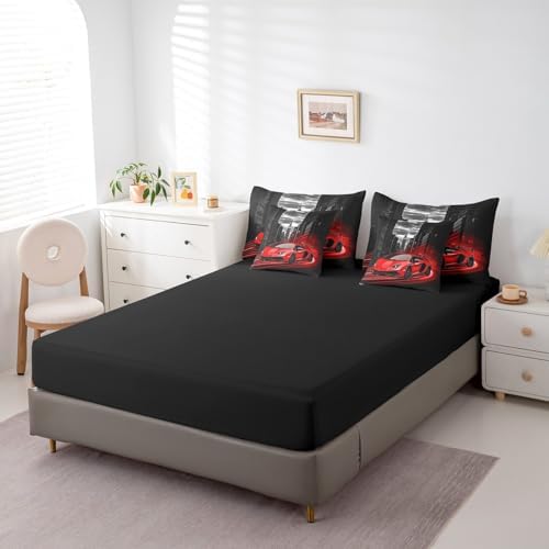 Feelyou Red Race Car Comforter Set with Sheets Twin Size Kids Speed Sports Car 7 Pieces Bedding Set for Boys Girls Teens Racing Car Bed in a Bag Extreme Sports Street Bed Set Gothic Modern City