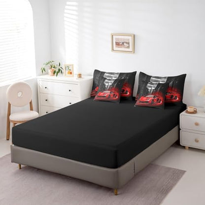 Feelyou Red Race Car Comforter Set with Sheets Twin Size Kids Speed Sports Car 7 Pieces Bedding Set for Boys Girls Teens Racing Car Bed in a Bag Extreme Sports Street Bed Set Gothic Modern City