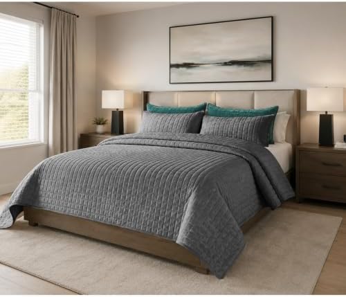 Quilt Set Queen Size 90x98 Luxurious Velvet Bedding Sets with 2 Pillow Shams 20x26 3 Pieces Ultra Soft Quilted Bedspread Coverlet Comforter for All Season,Gray