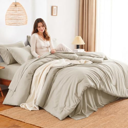 HIMEET King Comforter Set, 7-Piece Point-Quilted Bed in a Bag, Beige