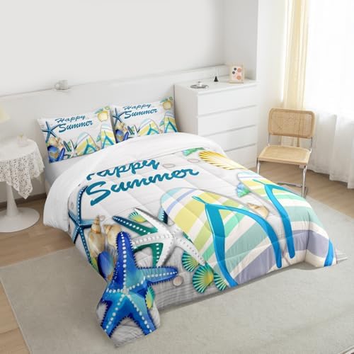 Beach Comforter Set Full Ocean Starfish Shell and Stripes Flip Flops Bedding Set Romantic Hawaii Holiday Quilted Duvet for Kids Teens Adult,White Rustic Farmhouse Wooden Board Duvet Insert 3pcs