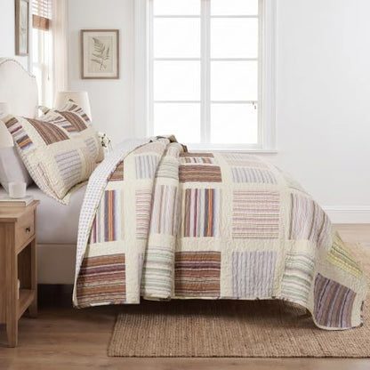 HoneiLife Quilt Sets Queen Size - 3-Piece Microfiber Quilts Lightweight Bedspreads Striped Coverlets Rustic Bed Cover Queen Quilt Bedding Set for All Season Use