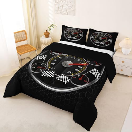 Feelyou Speed Sports Car Bedding Set Soft for Boys Girls, Steering Wheel Comforter Set King Size Racing Duvet Quilt Microfiber Extreme Sports Bedroom Decor Automobile 3 Pcs with 2 Pillow Cases