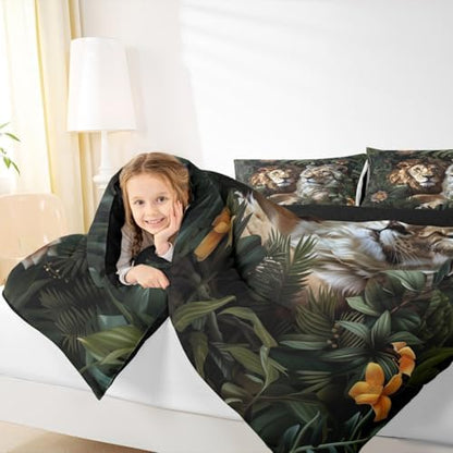 Manfei Couple Lion Kids Comforter Set King Size,Flowers Palm Leaf Tropical Plant Bedding Set,Girls Boys Room Decor,Botanical Wild Jungle Animal Quilt Comforter,Rustic Retro Duvet Insert,2 Pillowcases
