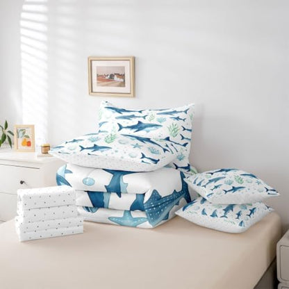 Feelyou Shark King Comforter Set with Sheets for Kids Boys Girls Ocean Sea Animal Marine 7 Pieces Bedding Set Underwater World Bed in a Bag Room Decor Soft Lightweight Microfiber