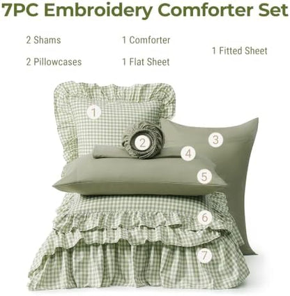 Full Size Comforter Set Green Gingham Ruffle 7 Pieces Bed in a Bag