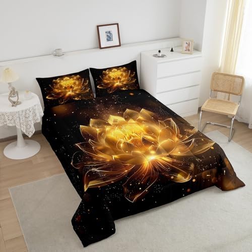jejeloiu Golden Black Comforter Set Twin Size Kids Golden Lotus Flower Bedding Set for Boys Girls Teens Zen Spa Duvet Breathable Floral Quilt Bedroom Decor,1 Comforter with 1 Pillowcase