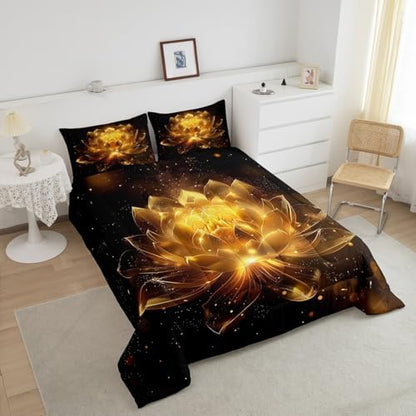 jejeloiu Golden Black Comforter Set Full Size Kids Golden Lotus Flower Bedding Set for Boys Girls Teens Zen Spa Duvet Breathable Floral Quilt Bedroom Decor,1 Comforter with 2 Pillowcase