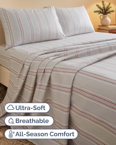 Christmas Sheet Set, Red Dot Stripe, Holiday Xmas Bedding Set - Queen Size