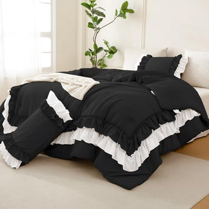 Masaca Ruffled Queen Comforter Set,Farmhouse Shabby Boho Chic Bedding Black and White Ruffle Comforter 3PCS Vintage Rustic French Country Elegant Bedding Set Ultra Soft
